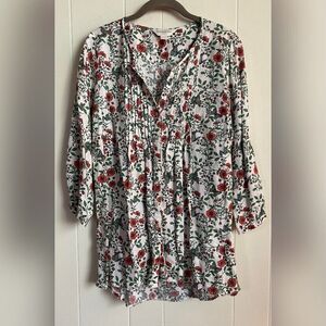 Monsoon Blouse Women’s Medium White Red Linen Flowers Butterflies Tunic Pleated